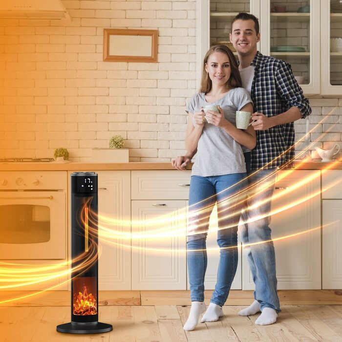 Окремостоячий обігрівач Tronitechnik вежа 1000/2000 Вт з пультом дистанційного керування, таймером, ефектом димоходу, керамічним вежевим обігрівачем, функцією коливань, TT-KH-73 - чорний