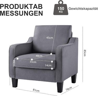 Крісло для вітальні, сучасне крісло з відкидною спинкою, підлокітниками та товстою подушкою, м&39який лляний одномісний диван для невеликих приміщень, зручне крісло для спальні, темно-сірий, комплект з