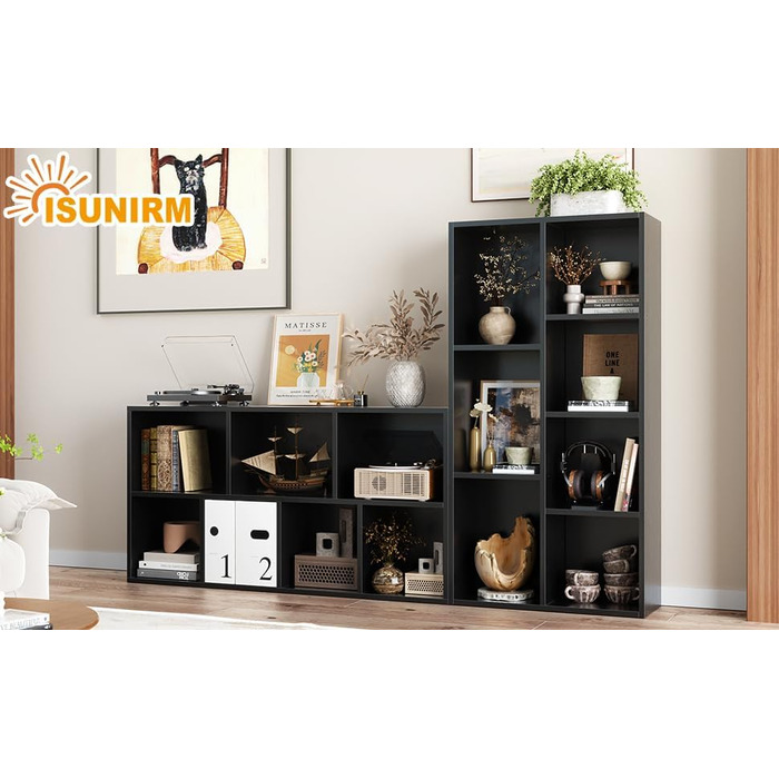 Книжкова шафа, книжкова полиця, з 7 відділеннями, офісна полиця, кубічна полиця, окремостояча полиця, для вітальні, спальні, офісу, дитячої кімнати, чорна