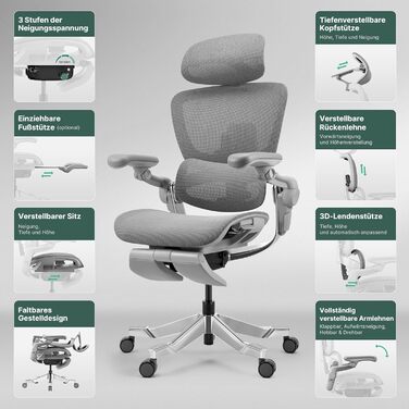 Ергономічне офісне крісло HINOMI H2 Pro з поперековою опорою, регульованим підголівником та підлокітниками, вантажопідйомність 150 кг, дихаюча сітка, обертове крісло для дому та офісу, ергономічне робоче крісло (чорне)