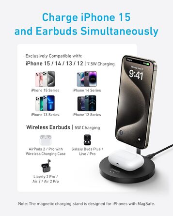 В-1 Magnetic Stand Lite, бездротова підставка для зарядки, зарядний пристрій з 150-сантиметровим зарядним кабелем USB-C, сумісний