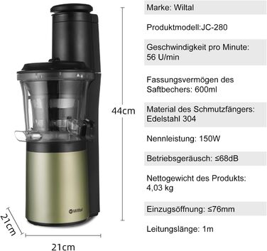 Електрична соковижималка для фруктів, овочів, граната, цитрусових, сорбету. Жолоб подачі з широким горлом 76 мм, без бісфенолу А, 150 Вт, чорний