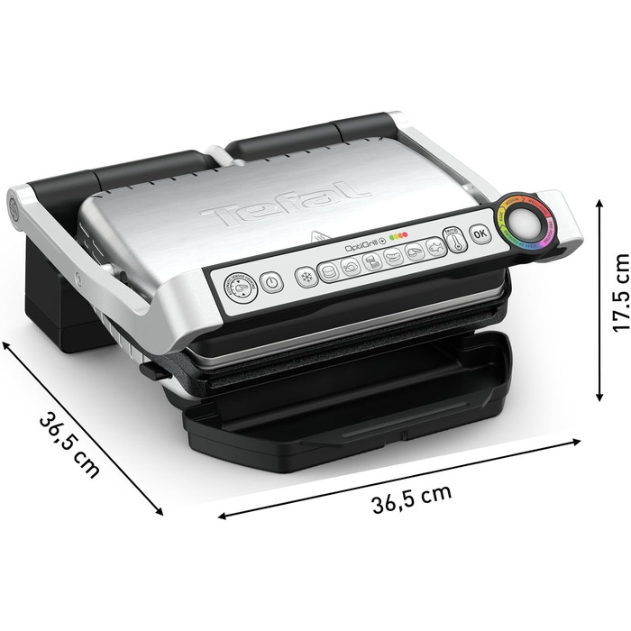 Контактний гриль Tefal OptiGrill & Bake з деком для випікання, 6 програм, індикатор рівня приготування, знімні пластини, електричний гриль, нержавіюча сталь, GC714D10, срібло