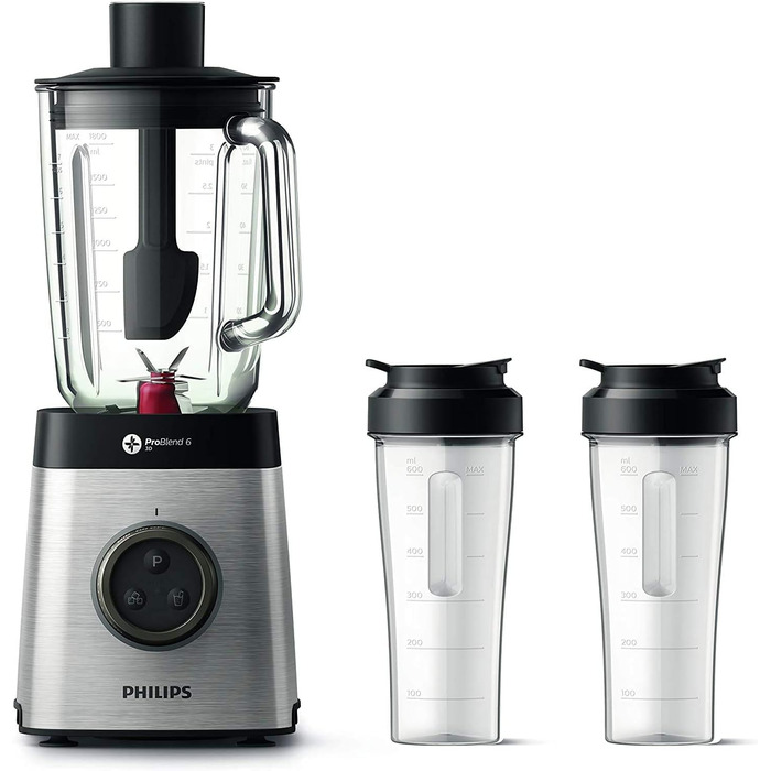 Міксер Philips HR3655/00 (1400 Вт, технологія ProBlend 6 3D, скляний контейнер 2 літри, 2 чашки для пиття, можна мити в посудомийній машині) нержавіюча сталь