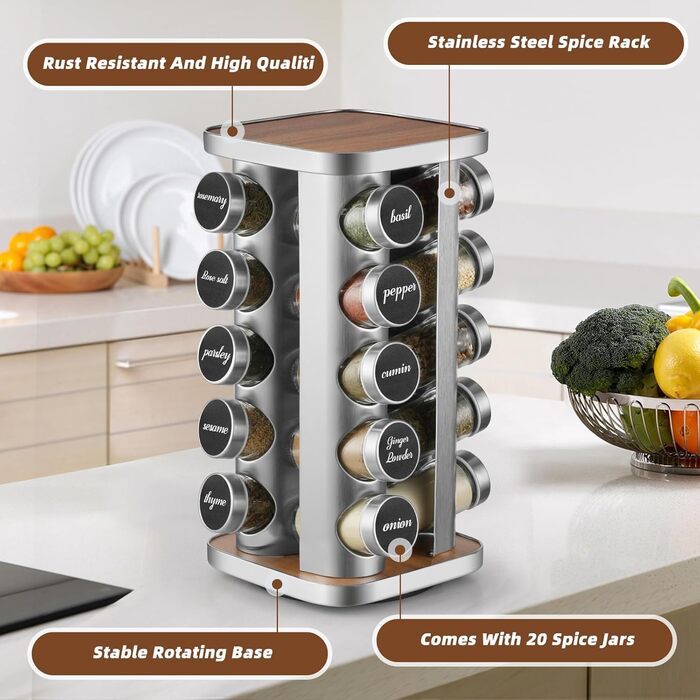 Підставка для спецій FRIBERG з 20 круглими банками для спецій, 100 мл, карусель для спецій з нержавіючої сталі, що обертається на 360, стійка для спецій з лійкою, етикеткою, ручкою та щіткою для чищення, срібляста 20
