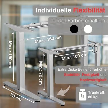 Електричний каркас столу з регулюванням висоти ergoEASY 100-160 см чорного кольору Каркас столу з регулюванням висоти, двигуном та функцією пам&39яті, білий