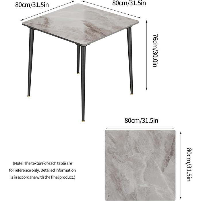 Обідній стіл FATIVO, маленький кухонний стіл, мармур, для 2 осіб, простий обідній стіл, обідній стіл для вітальні, сірий глянцевий, столи для їдальні, ресторану, металеві ніжки, 8080 см, скандинавський стиль, 8080 см сірий