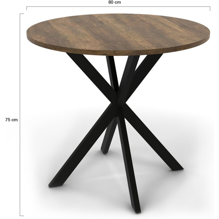 Круглий обідній стіл ALIX на 4 особи з чорною основою-павуком та стільницею з темного дерева Hawkins 80 см
