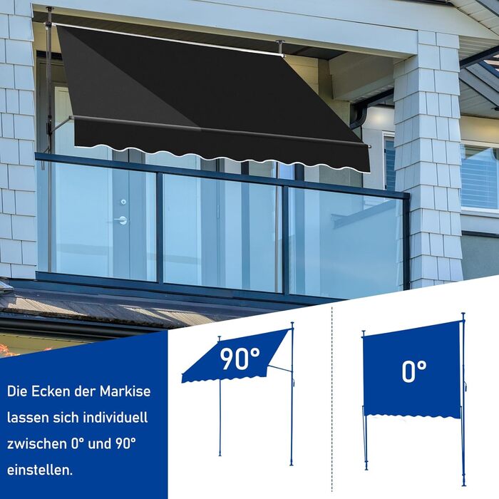 Тент LEADZM із затискачем, ширина 200 см, невеликий балконний тент без свердління, водонепроникний, сонцезахисний, стійкий до ультрафіолету, регульований по висоті за допомогою ручного приводу, для тераси, балкона, багатоквартирного будинку, саду, магазин