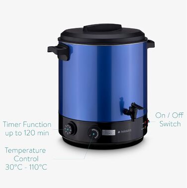 Машина для консервації Navaris 2в1 з функцією глінтвейну - Таймер на 27 літрів до 120 хв Термостат Кран - Каструля для консервації також для гарячих напоїв, виготовлена з нержавіючої сталі, синього кольору