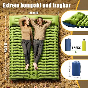 Килимок для сну, потовщений подвійний кемпінговий матрац, надлегкий надувний кемпінговий матрац для 2 осіб з ножним насосом, подушка для використання на свіжому повітрі, зелений