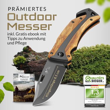 Складаний ніж (дворучний) - Дозволено носіння в Німеччині - Кишеньковий ніж 3-в-1 для відпочинку на природі, кемпінгу та виживання
