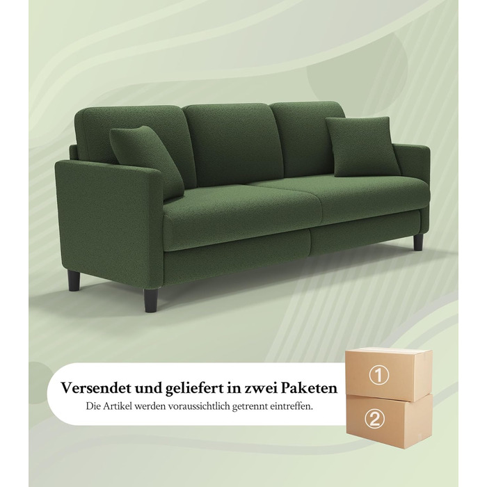 Місний диван 211 см, Зручні 3-місні дивани, Диван-канапа з флісу Тедді, Дивани для вітальні, що збираються без інструментів, 3-місний диван з масиву дерева, Невеликий диван з 2 подушками в комплекті, Зелений 211 см, 3-