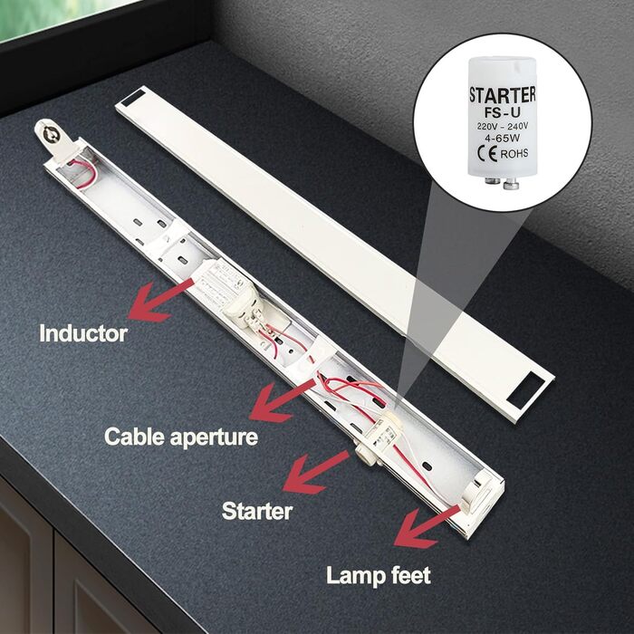 Пакет із 6 стартерів, люмінесцентний пускач FS-U, 4-65 Вт, 220-240 В, надійний пускач розпалу для окремих ланцюгів люмінесцентних ламп, безпечний та ефективний для патронів УФ-стрічок клас енергоспоживання G