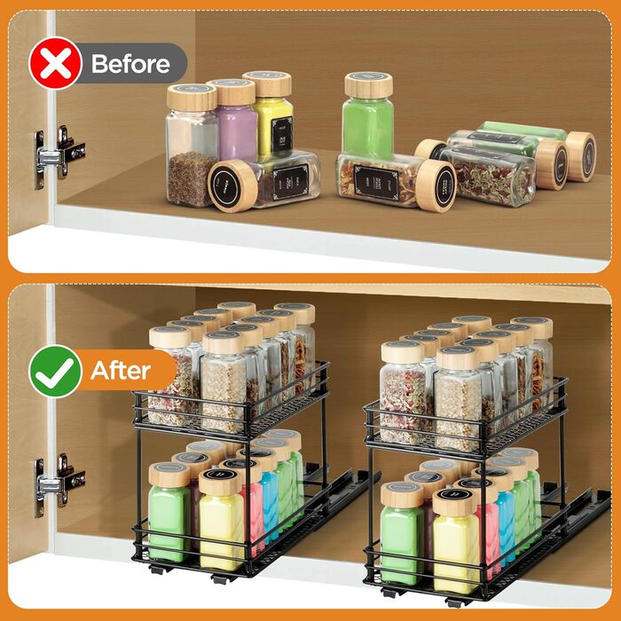 Розсувна підставка для спецій Cozary - подвійний органайзер для спецій - підставка для спецій з шухлядою та вентиляцією, органайзер для кухонної шафи, 2 варіанти кріплення (26 * 15 * 21,8 см)