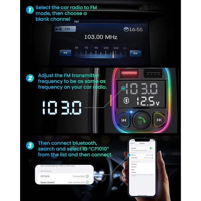 Передавач Автомобіль, Автомобільний адаптер Bluetooth, швидка зарядка QC3.0, Гучний зв'язок, Барвисте світло настрою, Автомобільний радіоадаптер Передавач Bluetooth 5.0 підтримує TF-карту U диск Простір сірий