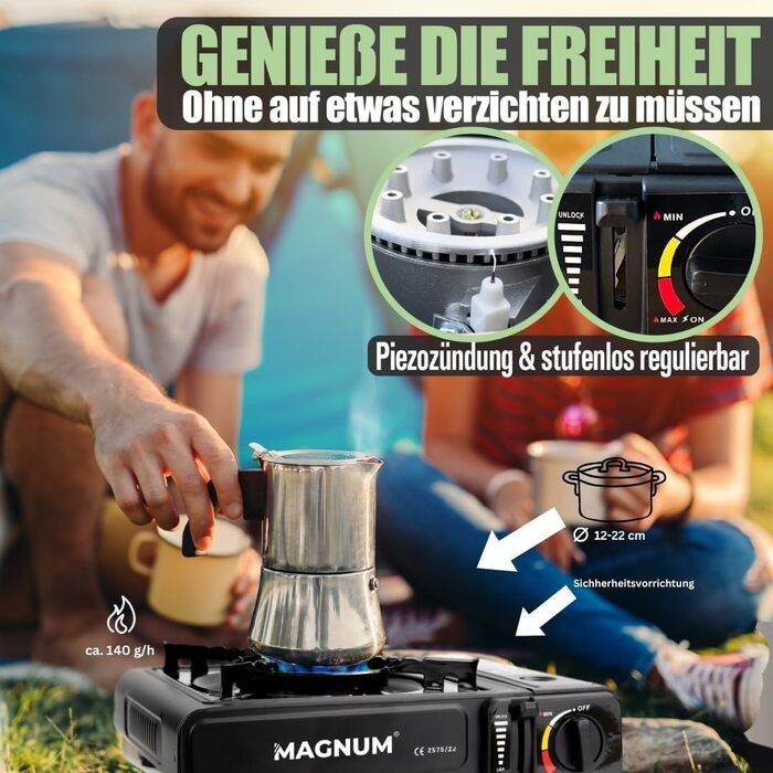 Газова плита MAGNUM з 4 газовими картриджами - Кемпінгова плита з газовими картриджами - Газова плита для кемпінгу