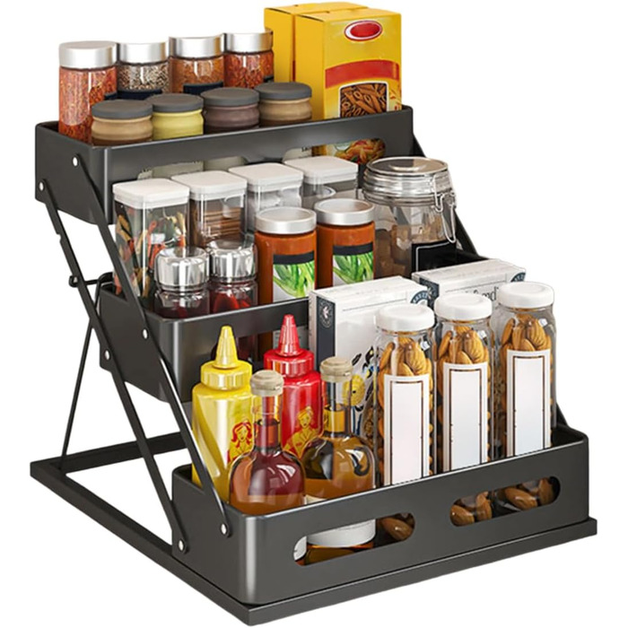 Рівнева складна полиця для спецій Bokelai, регульована по висоті кухонна полиця для зберігання Органайзер для спецій з протиковзкими накладками Металевий органайзер для спецій для шафи та стільниці Чорний - 3 рівні, 3-