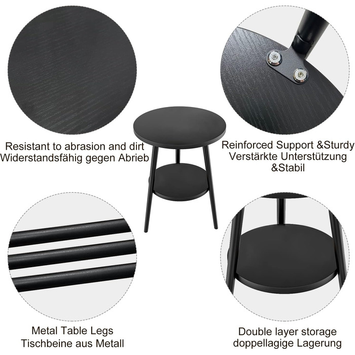 Журнальний столик KZOBYD з 2 полицями, круглий журнальний столик з місцем для зберігання, 2-ярусний диванний столик з круглими полицями, дерев&39яна тумбочка зі сталевим каркасом, 38 x 55 см (без зарядної станції, чорний) Чорний без зарядної станції