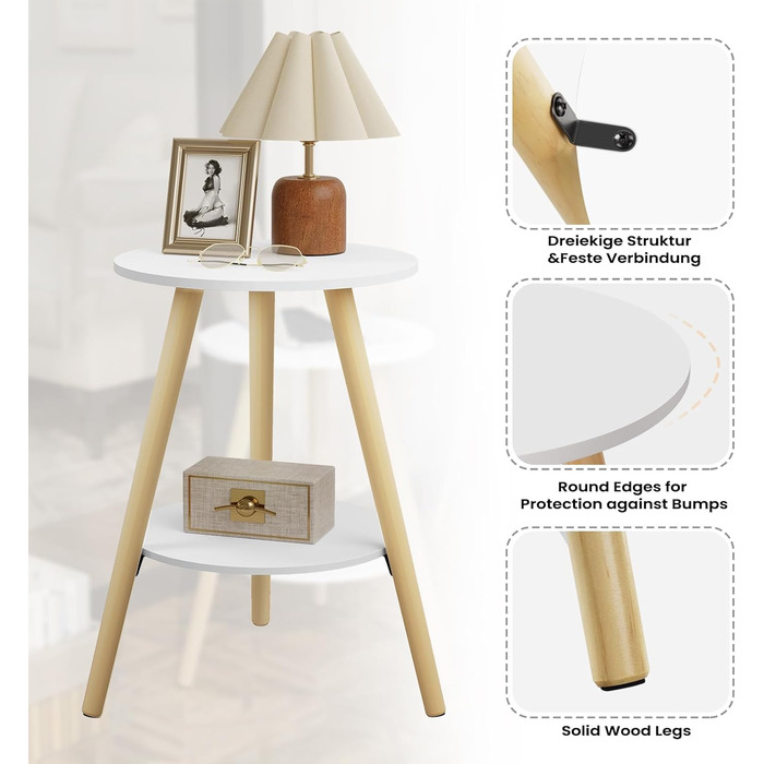 Круглий журнальний столик EUGAD, журнальний столик з 2 полицями, столик для вітальні, тумбочка, сучасний білий колір, маленький столик з місцем для зберігання, столик-диван, виготовлений з МДФ дерева, для вітальні та спальні, 38x55x38 см