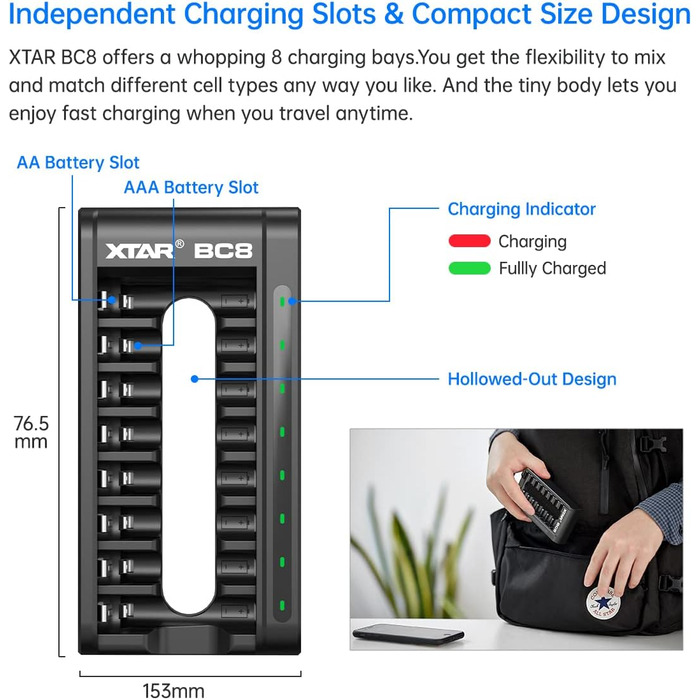 Зарядний пристрій XTAR BC8, 1,5 В, акумуляторні батареї, зарядний пристрій типу C для літій-іонних та 2 нікель-металгідридних акумуляторів типу AA/AAA (зарядний пристрій BC8), чорний, зарядний пристрій BC8