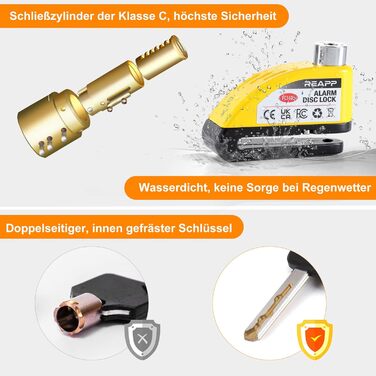 Замок гальмівного диска з сигналізацією 110 дБ, жовтий, для мотоциклів і велосипедів, з 1,5 м кабелем