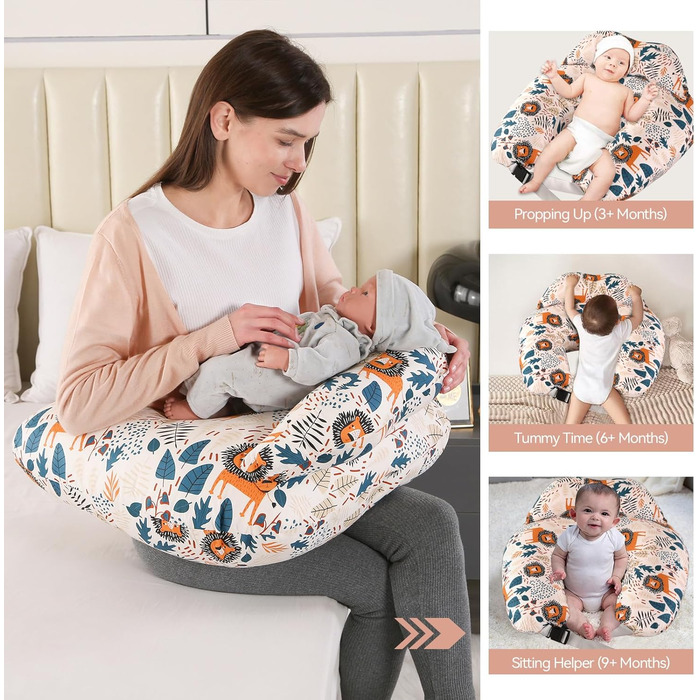 Подушка для годування, подушка для вагітних, багатофункціональна подушка для годування материнства з регульованим поясним ременем та захисними поручнями, чохол зі 100 бавовни (лев)