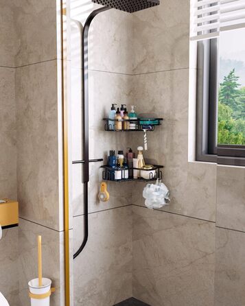 Душова полиця HapiRm, Душова полиця без свердління, Душова полиця кутова чорна з 11 гачками, мильниця і тримач для бритви, Душова