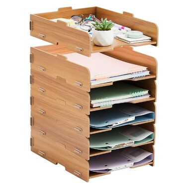 Штабелювані лотки для зберігання, 6 шт. , офісний органайзер, лоток для листів на столі, дерев&39яний для лотка для документів/лотка для паперу, лоток для файлів A4, коричневий, 6 шт.