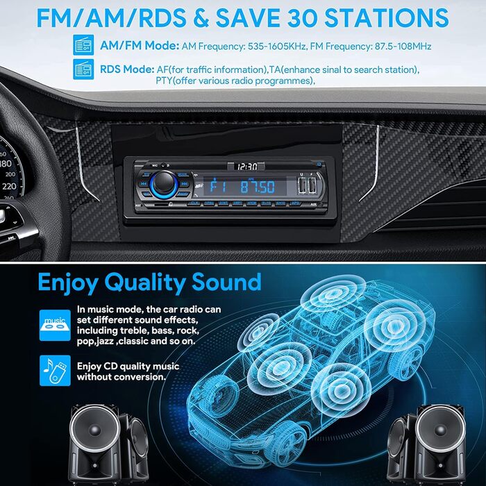 Автомобільна стереосистема RDS Bluetooth для 9-24 В, FM/AM 1Din Автомобільна стереосистема з Bluetooth гучного зв'язку, 7-колірна автомобільна стереосистема з 2 USB/MP3-плеєрами/AUX/SD/незалежним годинником, 30 станцій для зберігання багатобарвних