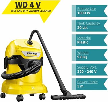 Пилосос для сухого та вологого прибирання Krcher WD 4 V-20/5/22, вкл. плоский гофрований фільтр, запатентований фільтрувальний бло