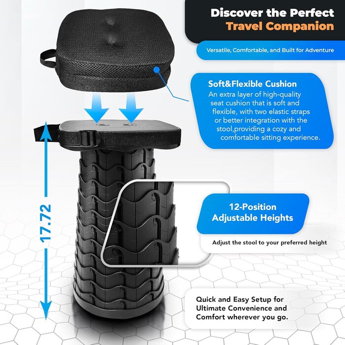 Портативний телескопічний стілець з подушкою та сумкою для перенесення складаний стілець, регульована висота 645 см, стійкий до 200 кг, квадратний телескопічний стілець для кемпінгу, саду, риболовлі та подорожей