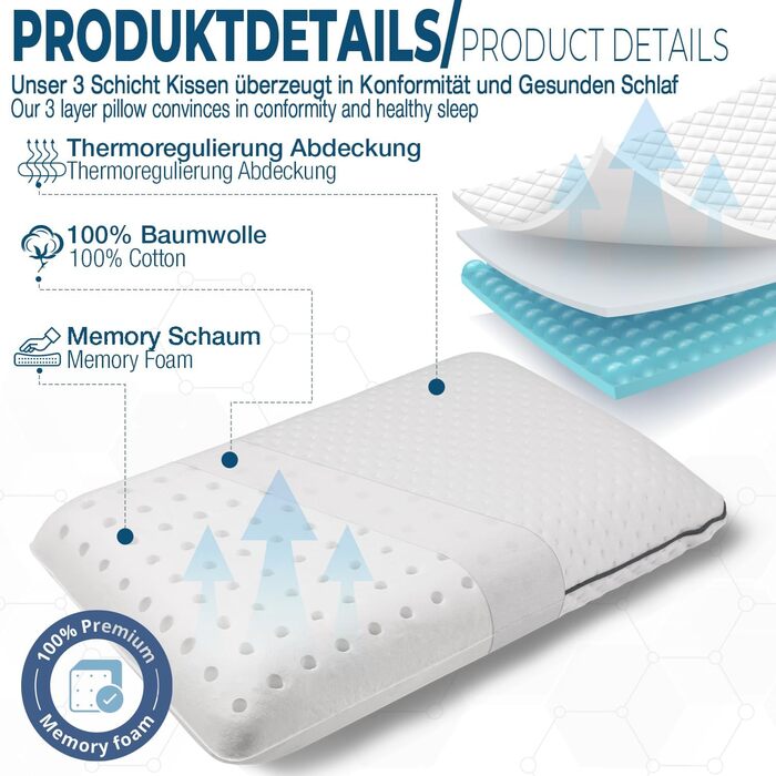 Подушка alkamto з піни з ефектом пам&39яті 70x45 см Ергономічна подушка для підтримки шиї Сертифіковано Oeko-Tex Терморегулюючий чохол Гіпоалергенна та придатна для прання Для сну на спині та на боці
