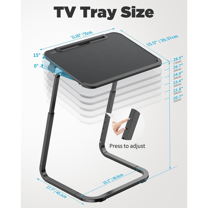 Журнальний столик SAIJI, подвійне використання піднос для сніданку/столик для ноутбука, стійкі U-подібні ніжки, журнальний столик, столик над ліжком, регульований кут нахилу, з відділенням для планшета та тримачем для напоїв, 55 x 39 см, чорний