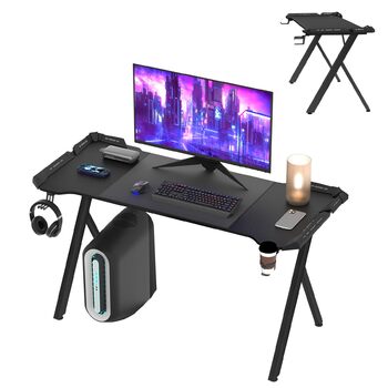 Ігровий стіл 120x60 см зі світлодіодним освітленням, ергономічний ігровий стіл з вуглецевим волокном, міцний комп&39ютерний стіл з підставкою для чашок та гачком для навушників, ігровий стіл для ігрової кімнати, чорний, 120 см