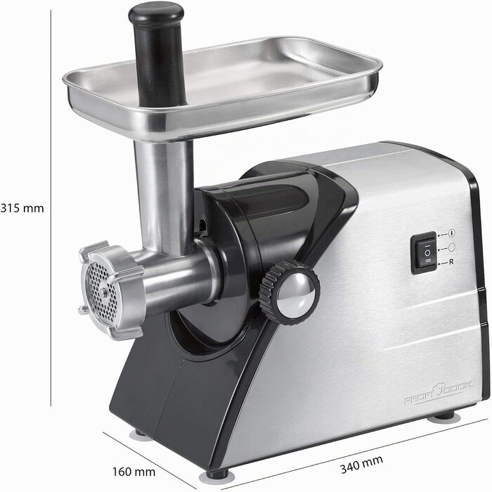 Електрична м'ясорубка Profi Cook PC-FW 1060, 1000 Вт, нержавіюча сталь, для м'яса, ковбас та кондитерських виробів, з насадками для ковбас, кеббе та 3 дисками з нержавіючої сталі