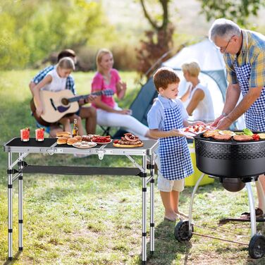 Кемпінговий стіл Anbte, розкладний стіл з алюмінію, 88x40 см (ДxШ) з 3 регульованими висотами, портативний стіл для пікніка з сіткою для зберігання, стіл-валіза, стіл для гриля, садовий стіл для кемпінгу, вечірок, пляжу (чорний)