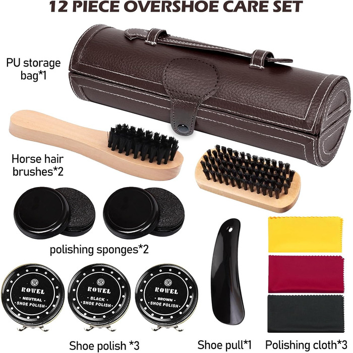 Набір для чищення взуття Vegena, набір для догляду за взуттям із 12 предметів для подорожей - із щітками для взуття, кремом для взуття, серветкою для полірування, ріжком для взуття, губкою, набором для догляду за взуттям та кремом для шкіряного взуття