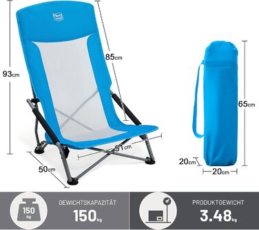 Пляжне крісло TIMBER RIDGE, складне, легке, кемпінгове крісло з високою спинкою, складне з низькими ніжками, спинка з дихаючої сітки, синє