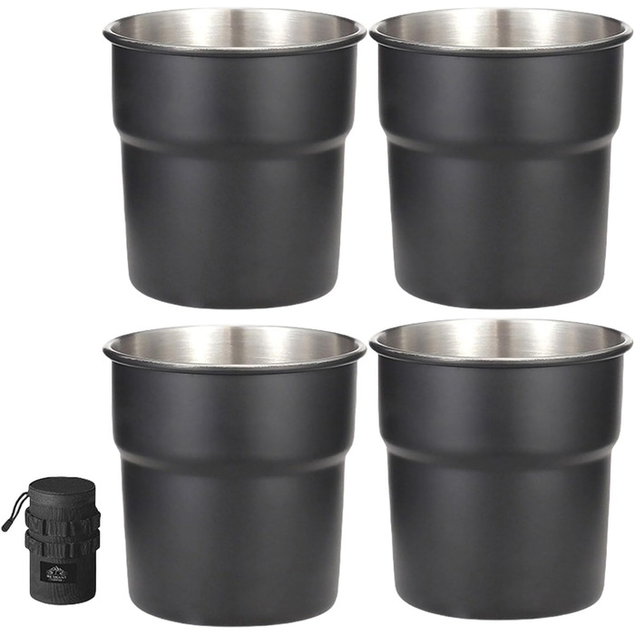 Стакани з нержавіючої сталі для подорожей та активного відпочинку, для кави, молока, як запасні, штабельовані, з кришками, для кемпінгу та походів, чорні, 4