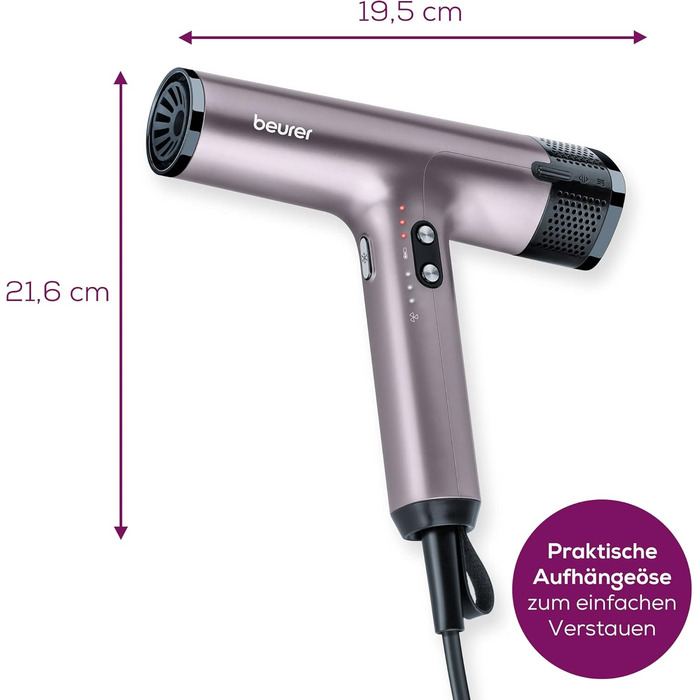 Фен Beurer HC 100 Excellence, фен з потужним цифровим двигуном, сушить на 20 швидше, легка вага, особливо тихий, іонна функція для