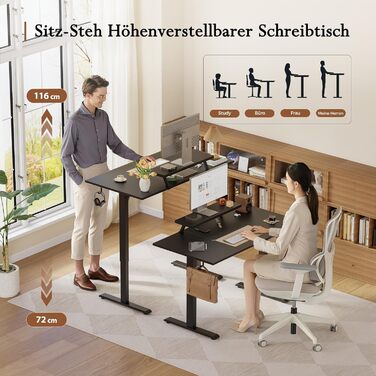 Стіл Klicelor з регульованою висотою та рухомою підставкою для монітора, 140x60 см, стіл для роботи сидячи/стоячи з 2 кнопками пам&39яті, 3-секційна стільниця, комп&39ютерний стіл, чорний 140 x 60 см