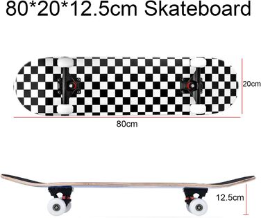 Скейтборд ERNAN 38 дюймів - стандартний скейтборд для дітей, підлітків та дорослих, 7-шарова кленова дека, увігнута форма, чорно-білий клітинка дизайн