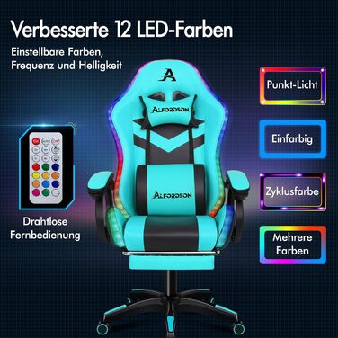 Ігрове крісло ALFORDSON, світлодіодне гоночне ігрове крісло з 12-кольоровим RGB-підсвічуванням, масажне ігрове крісло з поперековою опорою, підставкою для ніг, матеріал PU, блакитний колір Marc - серія Cyan Marc