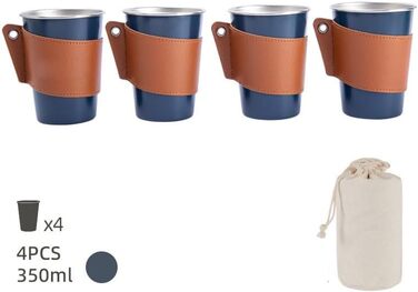 Набір кемпінгових чашок з нержавіючої сталі 304 з шкіряним тримачем, велика місткість 350 мл, 4-елементні штабелювані чашки для подорожей та пікніків