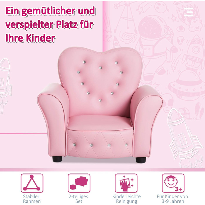 Дитяче крісло/диван HOMCOM, ніжки з масиву дерева, подушка з пінопласту, дитячий стілець для дитячої кімнати/ігрової кімнати, 59 x 41,5 x 49 см, для дітей 1,5-3 років, рожевий