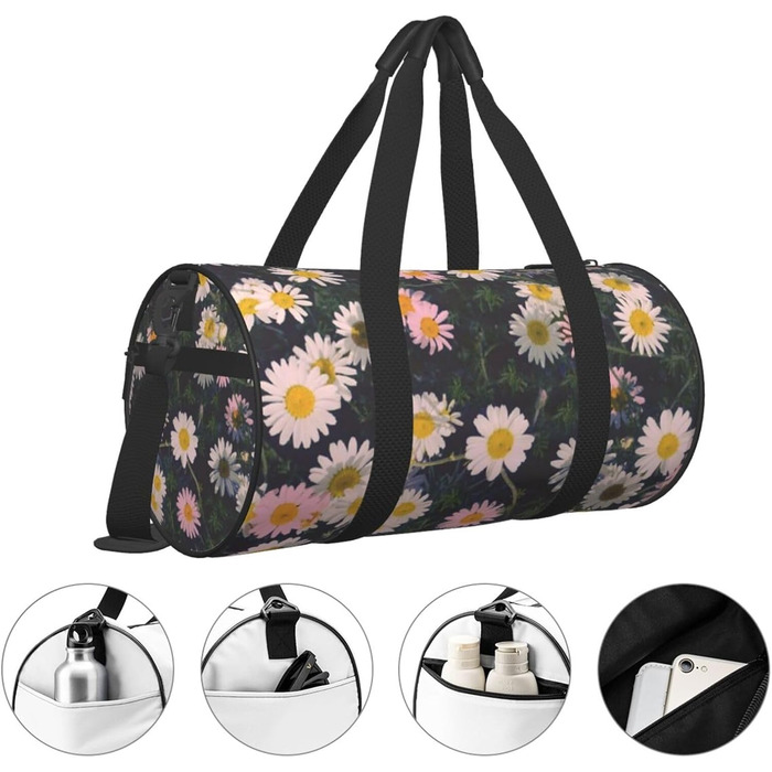 Спортивна сумка, дорожня сумка, стильна сумка для подорожей з квітковим принтом (ромашки), чорна, універсальний розмір