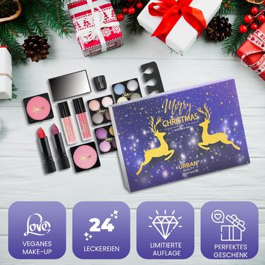 Різдвяний календар веганської косметики Love Urban Beauty - 24-денний різдвяний календар краси - Подарунковий набір косметики для жінок та дівчат - Різдвяний різдвяний календар із професійними засобами для макіяжу