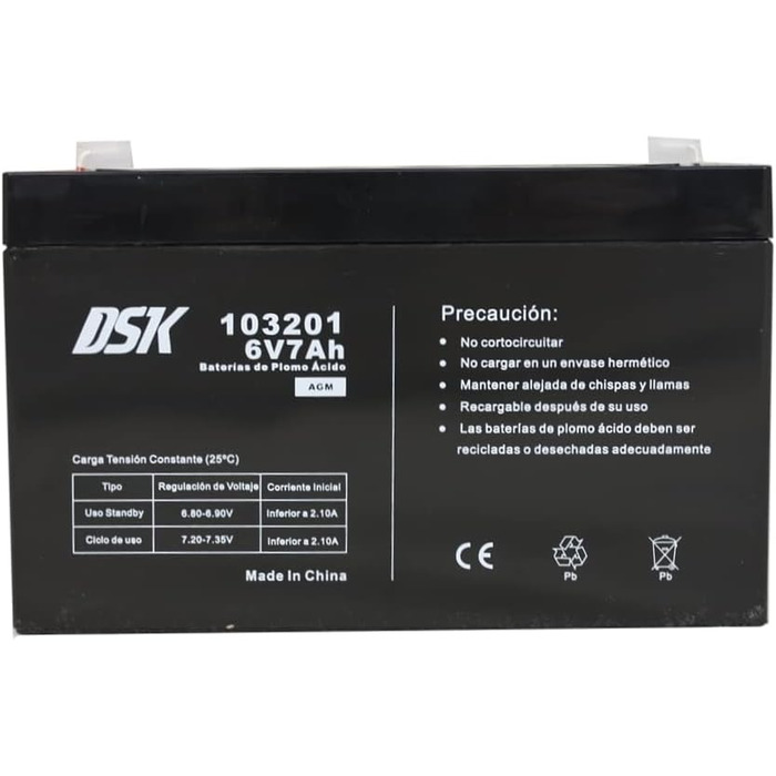 Герметичний перезаряджаний свинцево-кислотний акумулятор AGM 6 В ємністю 7 Агод. Ідеально підходить для автомобілів та електромотоциклів, дитячих скутерів, систем ДБЖ, систем безпеки та зв'язку, Одинарний, 103201