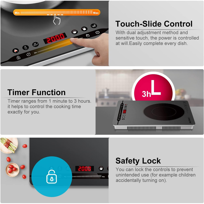 Портативна індукційна плита AMZCHEF потужністю 2000 Вт з тихим ходом, 9 рівнями потужності та температури, 4 автоматичними меню, ультратонким дизайном корпусу, захисним замком, таймером, сірим
